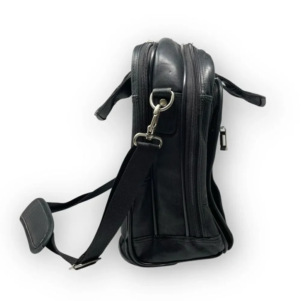 Solo New York Walker Black Leather Briefcase Rolling Travel Luggage Carry On Bag
